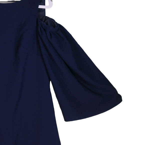 Trina Turk Mini Dress Dark Blue Small Cold Shoulders Long Sleeves Shift Evening - Picture 6 of 8